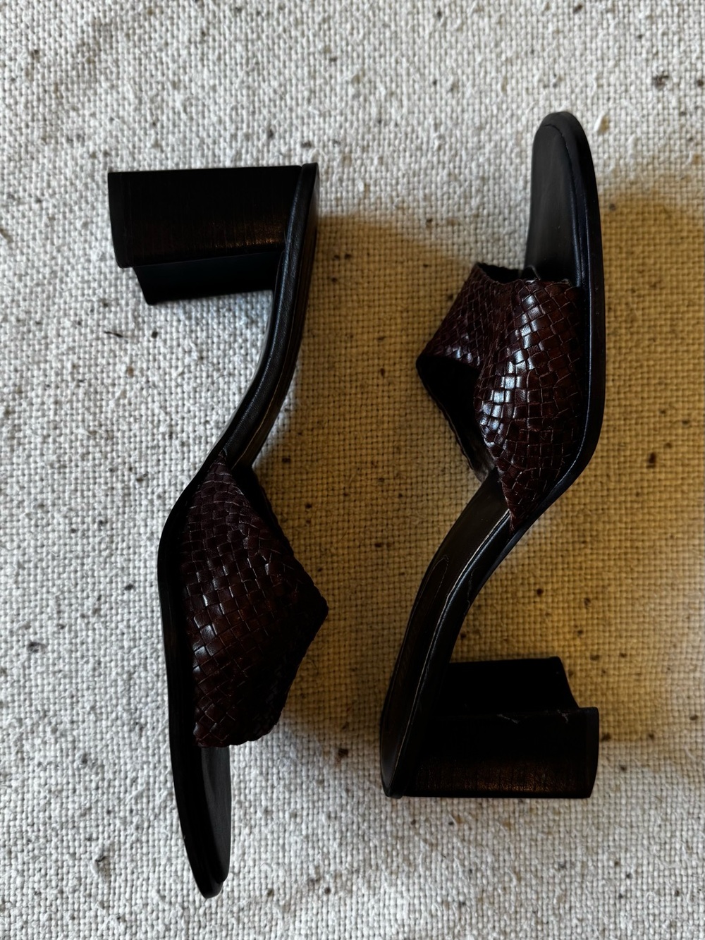 Maripé Brown Woven Leather Block Heel Slide Sandals Square Toe Made in Brazil